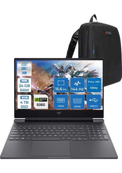 Victus Gaming Intel® Core™ 7 240H 24GB Ddr5 4tb SSD RTX5060/8GB 15.6"fhd (1920 x 1080), 144 Hz, Ips, 300 Nits Freedos Gaming Bilgisayar WC03P7EAF10+ZETTAÇANTA
