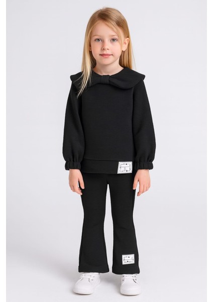 Yaka Fiyonk Detaylı Kız Çocuk Takım Siyah