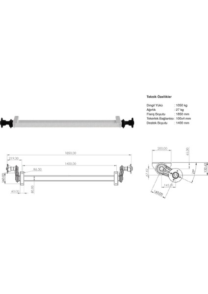 1050 kg Torsiyonlu Aks Frensiz Dingil 1400 mm 4X100 Bijon fiyatları