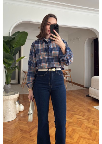 Oversize Ekose Desen Oduncu Gömlek- Lacivert