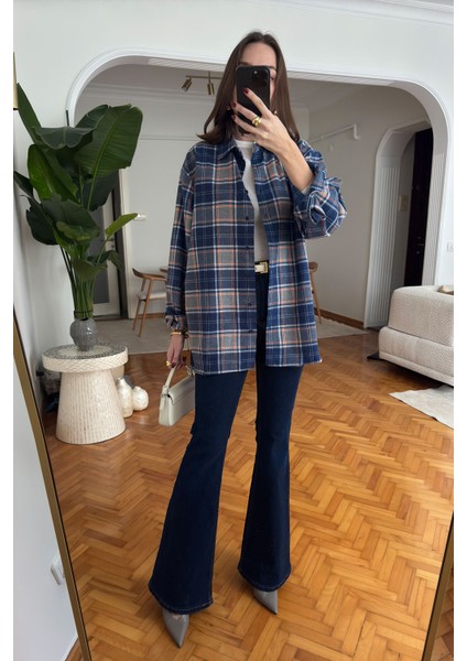 Oversize Ekose Desen Oduncu Gömlek- Lacivert fiyatları