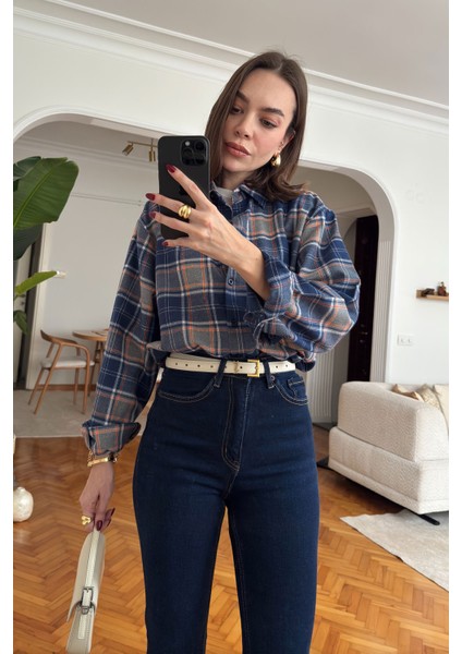 Oversize Ekose Desen Oduncu Gömlek- Lacivert modelleri