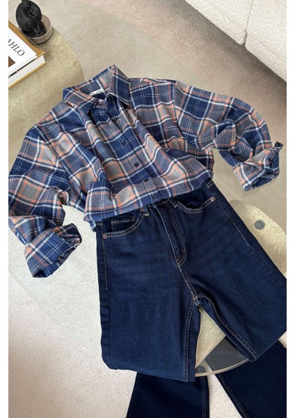 Oversize Ekose Desen Oduncu Gömlek- Lacivert fırsatları