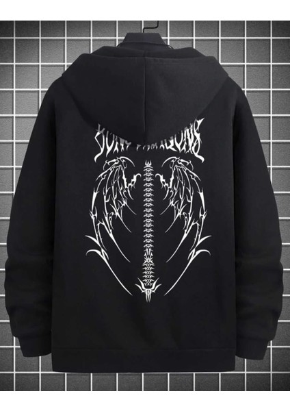 Punıx Büyük Beden Özel Tasarım Sırt Kanat Baskılı Kapüşonlu Kalın 3 Iplik Erkek Battal Sweatshırt