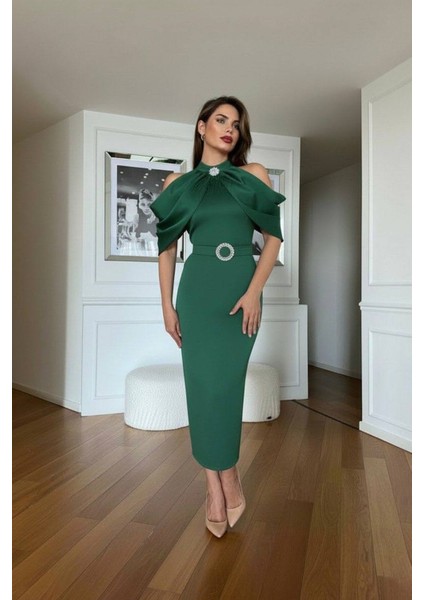 Kadın Omuz Detaylı Toka Kemerli Midi Boy Elbise NBNC110095 fiyatları