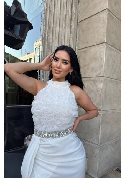 Kadın Premium Gül Detaylı Bel Taş Kemerli Tasarım Abiye Elbise NBNC2527