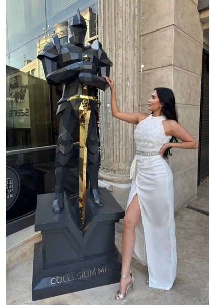 Kadın Premium Gül Detaylı Bel Taş Kemerli Tasarım Abiye Elbise NBNC2527 fiyatları