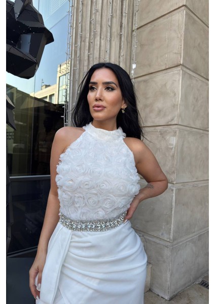 Kadın Premium Gül Detaylı Bel Taş Kemerli Tasarım Abiye Elbise NBNC2527 modelleri