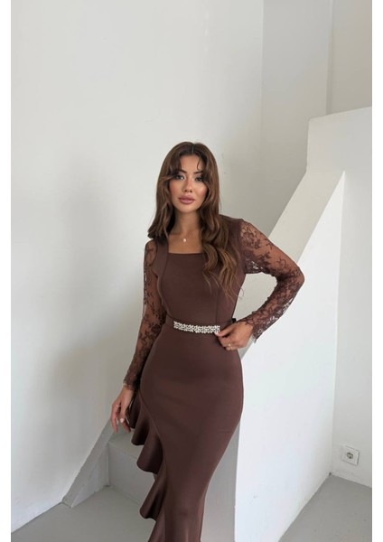 Kadın Dantel Detaylı Taş Kemerli Asimetrik Abiye Elbise NBNC2603