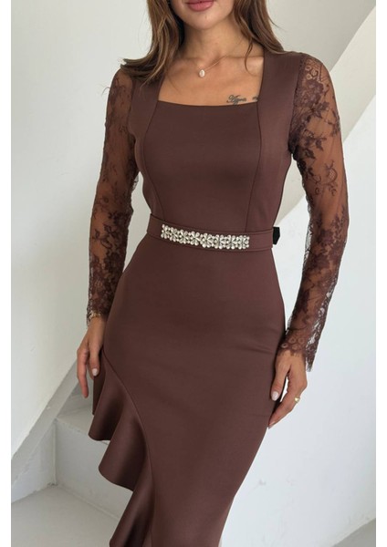 Kadın Dantel Detaylı Taş Kemerli Asimetrik Abiye Elbise NBNC2603 fiyatları