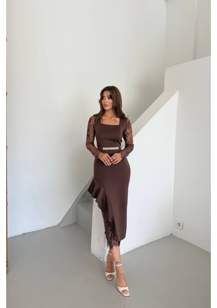 Kadın Dantel Detaylı Taş Kemerli Asimetrik Abiye Elbise NBNC2603 modelleri