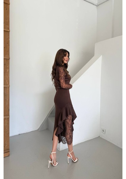 Kadın Dantel Detaylı Taş Kemerli Asimetrik Abiye Elbise NBNC2603 indirimleri