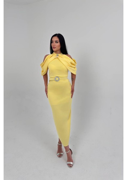 Kadın Omuz Detaylı Toka Kemerli Midi Boy Elbise NBNC110095 fiyatları