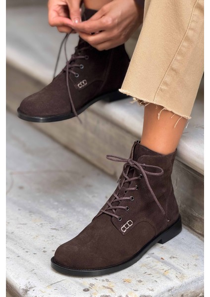 Soul Kahve Süet Hakiki Deri Bağcık Detaylı Düz Taban Kadın Bot