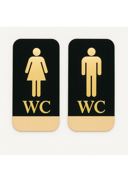 Ahşap Gold Pleksi WC Kapı Tabelası Seti – Bay Bayan Tuvalet İşareti – Akçaağaç ve Siyah Zemin
