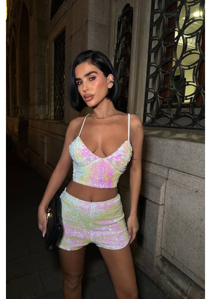 Kadın Pulpayet Askılı Crop Şort Ikili Takım NBDF168