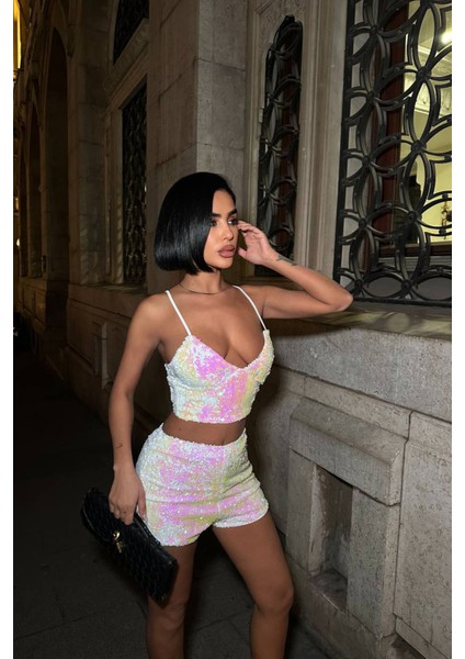 Kadın Pulpayet Askılı Crop Şort Ikili Takım NBDF168 fırsatları