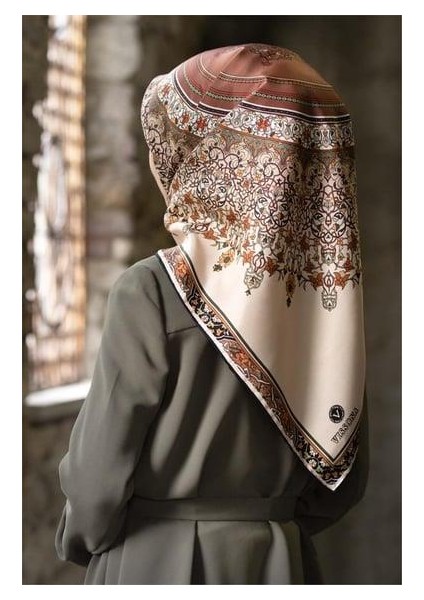 Twill Ipek Eşarp 17547 - 3 - 0015 Krem Bakır Etnik Desen