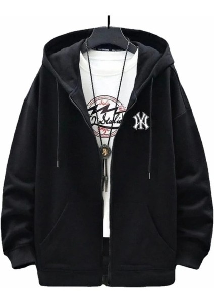 Punıx Büyük Beden Ny Baskılı Kapüşonlu Tam Fermuarlı Kışlık Kalın 3 Iplik Erkek Battal Hırka Sweatshırt