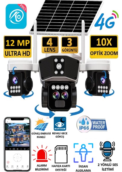 Ultimate O-Kam 9095 12MP 10X Zoom 4 Lens 3 Ekran UltraHD 4G Solar Akıllı Güvenlik Kamerası