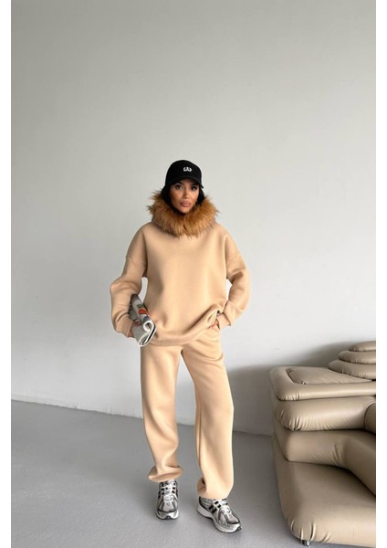 Kadın Kürk Kapüşonlu 3 Iplik Oversize Eşofman Takımı NBTQ001