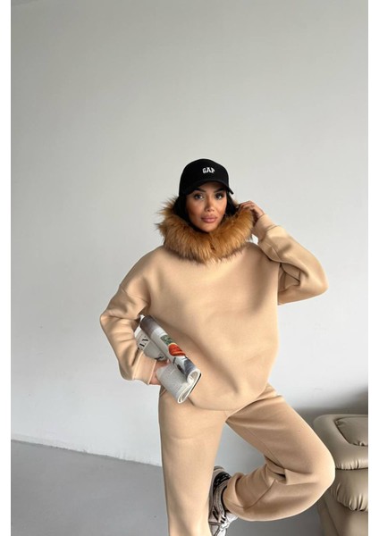 Kadın Kürk Kapüşonlu 3 Iplik Oversize Eşofman Takımı NBTQ001 fiyatları