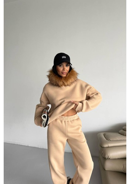 Kadın Kürk Kapüşonlu 3 Iplik Oversize Eşofman Takımı NBTQ001 modelleri