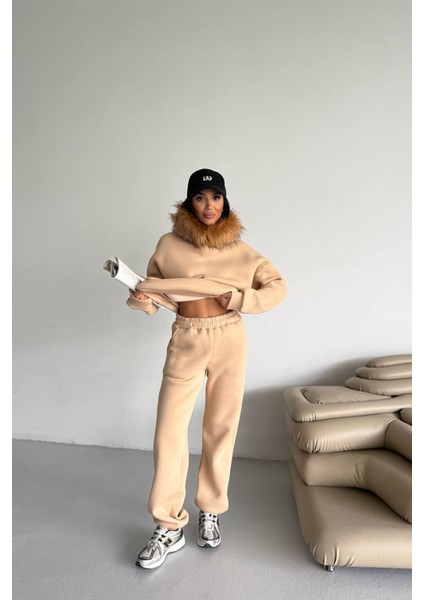 Kadın Kürk Kapüşonlu 3 Iplik Oversize Eşofman Takımı NBTQ001 fırsatları