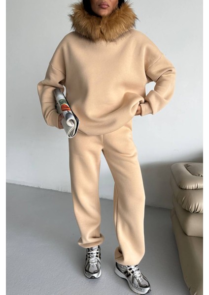 Kadın Kürk Kapüşonlu 3 Iplik Oversize Eşofman Takımı NBTQ001 indirimleri