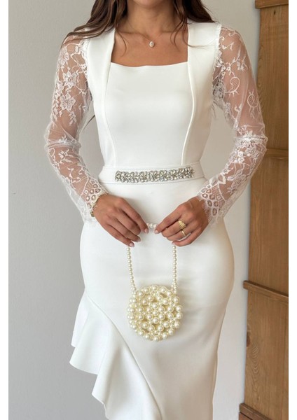 Kadın Dantel Detaylı Taş Kemerli Asimetrik Abiye Elbise NBNC2603