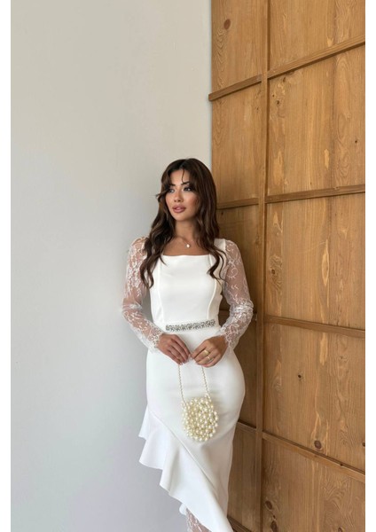 Kadın Dantel Detaylı Taş Kemerli Asimetrik Abiye Elbise NBNC2603 fiyatları