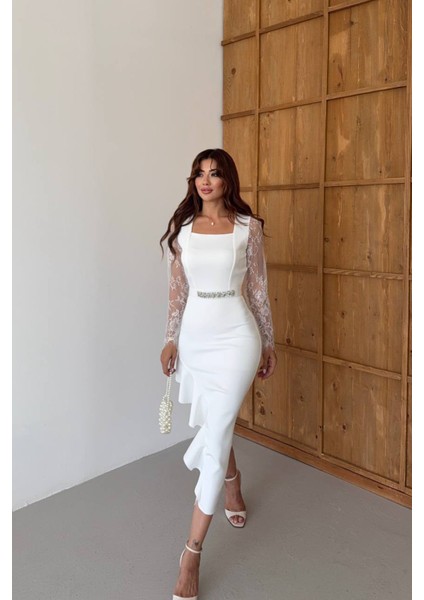 Kadın Dantel Detaylı Taş Kemerli Asimetrik Abiye Elbise NBNC2603 modelleri