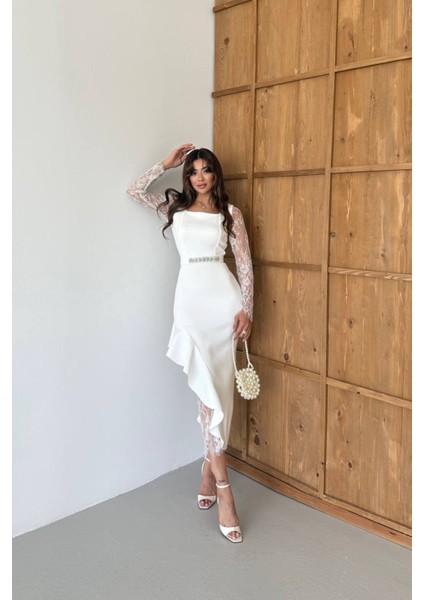 Kadın Dantel Detaylı Taş Kemerli Asimetrik Abiye Elbise NBNC2603 fırsatları