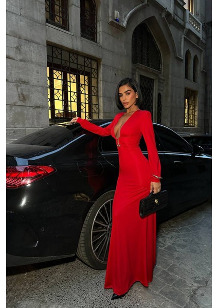 Kadın Derin Dekolteli Uzun Kollu Gold Toka Detaylı Maxi Boy Elbise NBDF173 fırsatları