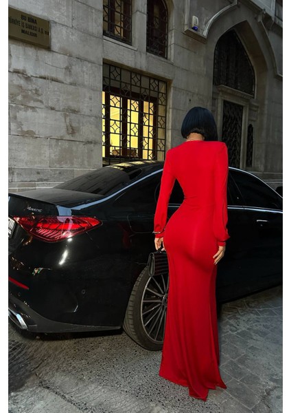 Kadın Derin Dekolteli Uzun Kollu Gold Toka Detaylı Maxi Boy Elbise NBDF173 indirimleri