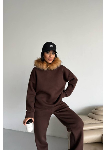 Kadın Kürk Kapüşonlu 3 Iplik Oversize Eşofman Takımı NBTQ001