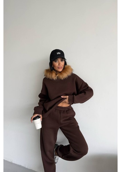 Kadın Kürk Kapüşonlu 3 Iplik Oversize Eşofman Takımı NBTQ001 modelleri