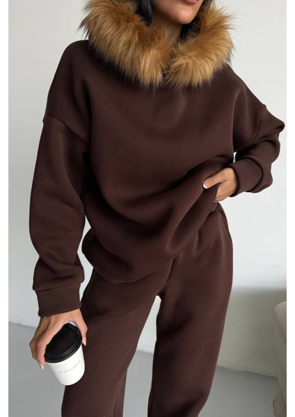 Kadın Kürk Kapüşonlu 3 Iplik Oversize Eşofman Takımı NBTQ001 fırsatları