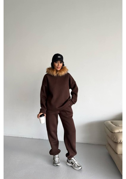 Kadın Kürk Kapüşonlu 3 Iplik Oversize Eşofman Takımı NBTQ001 indirimleri