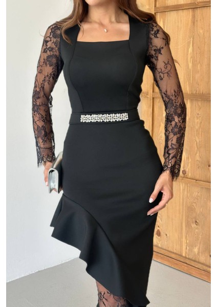 Kadın Dantel Detaylı Taş Kemerli Asimetrik Abiye Elbise NBNC2603 fiyatları