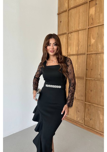 Kadın Dantel Detaylı Taş Kemerli Asimetrik Abiye Elbise NBNC2603 modelleri