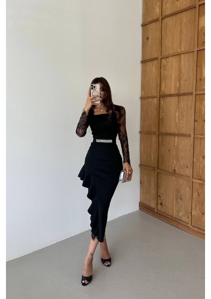 Kadın Dantel Detaylı Taş Kemerli Asimetrik Abiye Elbise NBNC2603 fırsatları