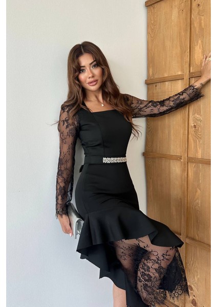 Kadın Dantel Detaylı Taş Kemerli Asimetrik Abiye Elbise NBNC2603 indirimleri