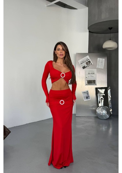 Kadın Drapeli Tokalı Kemer Detaylı Etek Crop Ikili Takım NBDF171