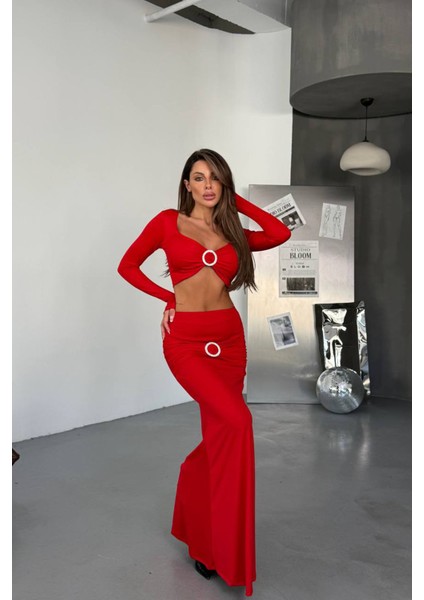 Kadın Drapeli Tokalı Kemer Detaylı Etek Crop Ikili Takım NBDF171 fiyatları