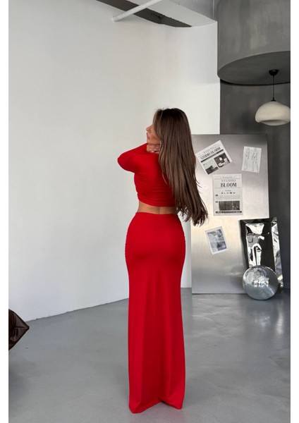 Kadın Drapeli Tokalı Kemer Detaylı Etek Crop Ikili Takım NBDF171 modelleri