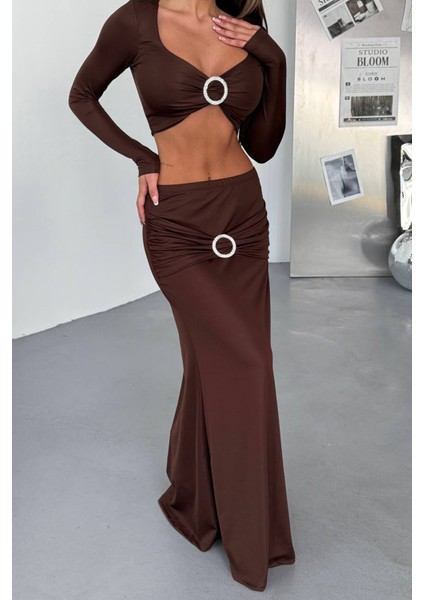 Kadın Drapeli Tokalı Kemer Detaylı Etek Crop Ikili Takım NBDF171