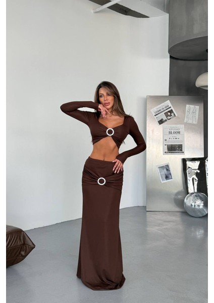 Kadın Drapeli Tokalı Kemer Detaylı Etek Crop Ikili Takım NBDF171 fiyatları