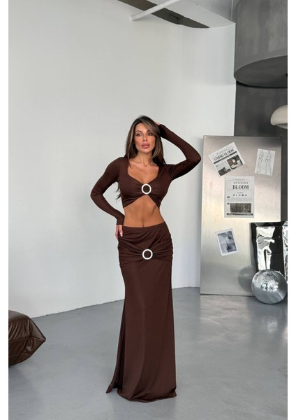 Kadın Drapeli Tokalı Kemer Detaylı Etek Crop Ikili Takım NBDF171 modelleri