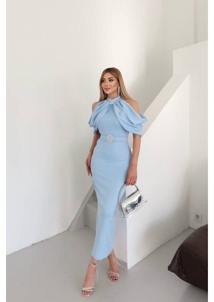 Kadın Omuz Detaylı Toka Kemerli Midi Boy Elbise NBNC110095 modelleri